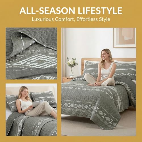 Whale Flotilla Full Queen Size Quilt Set - Reversible Grey Quilts Queen Size with 2 Pillow Shams, Lightweight Boho Striped Bedspreads Coverlet Bedding Set for All Seasons Whale Flotilla