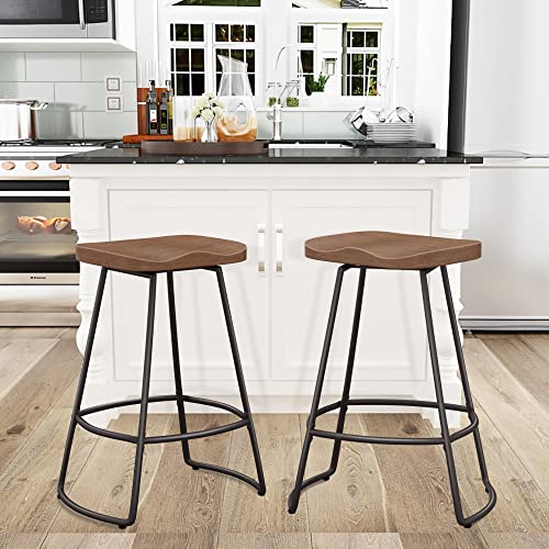 Awonde 26" Swivel Bar Stools Set of 2 Industrial Metal Counter Height Stools with Wood Top Matte Black - WoodArtSupply