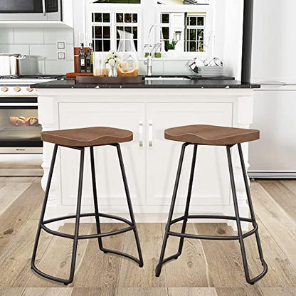 Awonde 26" Swivel Bar Stools Set of 2 Industrial Metal Counter Height Stools with Wood Top Matte Black - WoodArtSupply