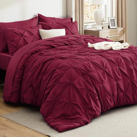 Bedsure California King Comforter Set Dark Red - Bed in a Bag Cal King Bedding Set 7 PCS, GentleSoft™ Pintuck Bed Set Gift for Family, Pinch Pleat Dark Red Comforter with Sheets, Pillowcases & Shams Bedsure