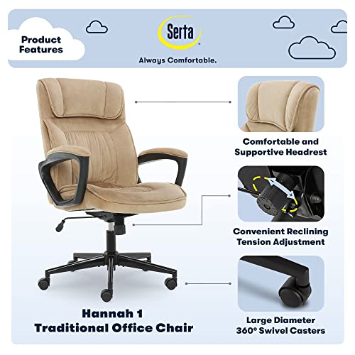 Serta® Hannah Executive Home Office Desk Chair, Ergonomic Mid-Back with Lumbar Support, Firm Seat Cushion, Layered Body Pillows, Padded Armrests, Swivel Base, Easy Assembly, Microfiber, Beige Serta