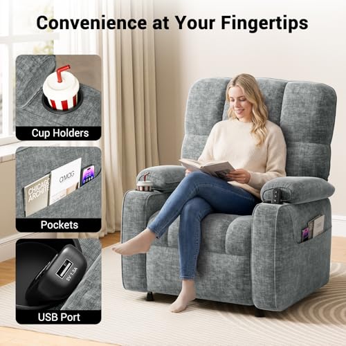 AMADA HOMEFURNISHING Power Recliner Chair for Adults, One-Touch Synchronized Electric Recliner with USB Ports, Cup Holder & Side Pockets, Thick Seat Cushion, Chenille, Living Room & Bedroom