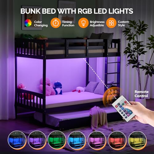 VINGLI Solid Wood Bunk Bed with Trundles,Twin Over Twin Bunkbed with RGB LED/Charging Station,Convertible Bunk Bed Frame with 15 inches High Safety Guardrail and Ladders for Kids,Black VINGLI