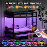 VINGLI Solid Wood Bunk Bed with Trundles,Twin Over Twin Bunkbed with RGB LED/Charging Station,Convertible Bunk Bed Frame with 15 inches High Safety Guardrail and Ladders for Kids,Black VINGLI