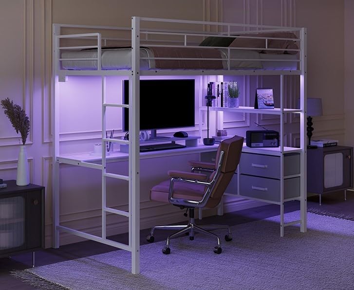 VINGLI Full Metal Loft Bed Frame with L-Shaped Desk/15 Inches Guardrail, Non-Slip Ladder, 2 Charging Stations, 4 Drawers/Storage Shelves/LED Lights, for Kids Teens Adults, No Box Spring Needed, White VINGLI