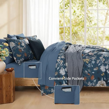 CASAAGUSTO King Size Comforter Set - 7 Pieces Blue Floral Bedding Sets, King Bed in a Bag with Botanical Butterfly Comforter, Sheets, Pillowcases & Shams for All Seasons CASAAGUSTO