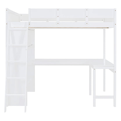 Merax White Full Loft Bed with Integrated Desk and Bookshelf – Space-Saving Solid Pine Design - WoodArtSupply