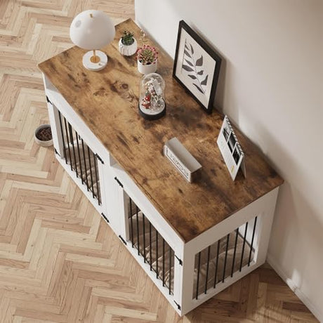 55'' Dog Crate Furniture for 2 Dogs, Wooden Dog Cage with Storage Compartment, Indoor Dog Kennel with 2 Doors for Large/Medium Dogs, White REVOMINCA