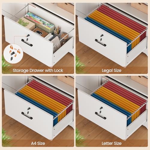 SEDETA 56.7" L Shaped Standing Desk, Reversible Computer Office Desk with Drawers & Hutch, Stand Up Corner Gaming Desks with LED Lights & Power Outlets for Home Office, White SEDETA