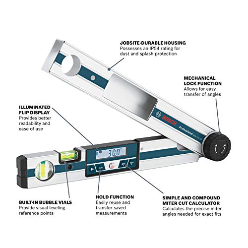 BOSCH GAM 220 MF 4-in-1 Digital Angle Finder, Includes Leg Extension, 4 AA Batteries, & Carrying Case - WoodArtSupply