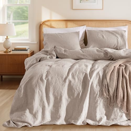 LBRO2M 100% France Linen Duvet Cover Set King Size 3 Pcs Natural Flax Comforter Cover with Zipper Closure 2 Pillowcase Breathable Duvet Cover (Linen King) LBRO2M