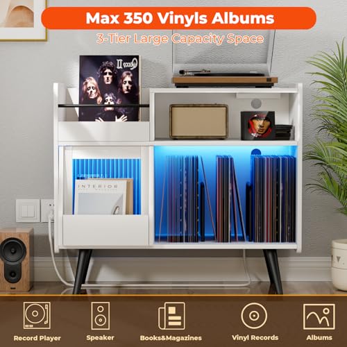 Loomie Large White Record Player Stand with Sliding Door,350 Vinyl Record Storage Cabinet, Record Player Table with Power Outlet and LED Light,Turntable Stand with Wood Legs for Living Room Loomie
