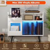 Loomie Large White Record Player Stand with Sliding Door,350 Vinyl Record Storage Cabinet, Record Player Table with Power Outlet and LED Light,Turntable Stand with Wood Legs for Living Room Loomie