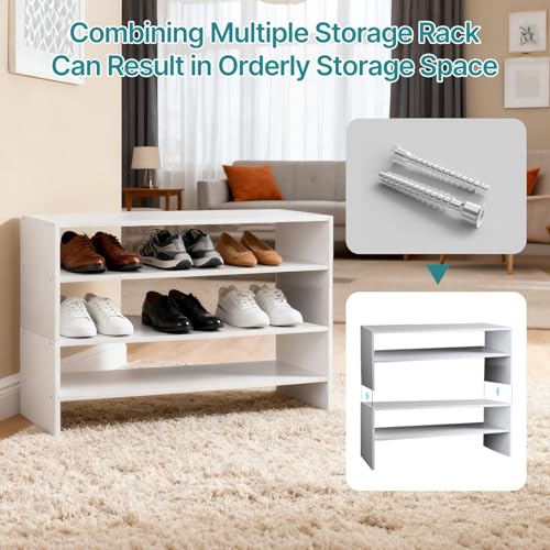 DUMOS 31 Inch Stackable White Shoe Rack, 2-Tier Wooden Storage Benches Organizer, Freestanding Entryway Bench for 6-9 Pairs Shoes, for Entryway, Office, Bathroom Use, White DUMOS