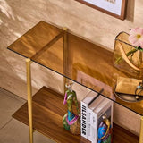 Glass Console Table for Living Room, Foyer & Entrance, 2-Tiers Mid-Century Modern Sofa Table with Amber Glass Top, 41" D x 14" W x 31.5" H, Walnut Finish Wood Shelf and Gold Finish Frame Shrine