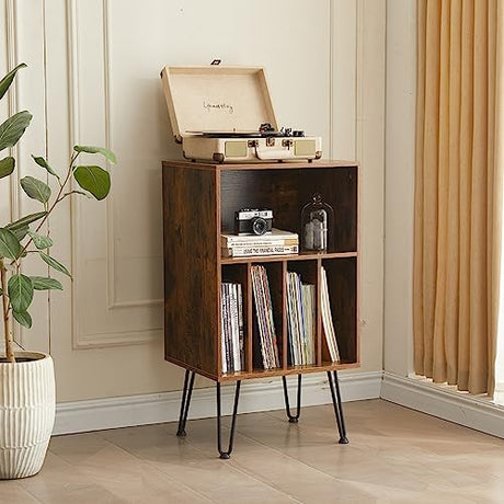 Leesingdo Record Player Stand with Vinyl Storage, Vinyl Record Storage Cabinet Holds Up to 150 Albums, End Table for Record Player, Turntable Stand for Living Room, Brown Leesingdo