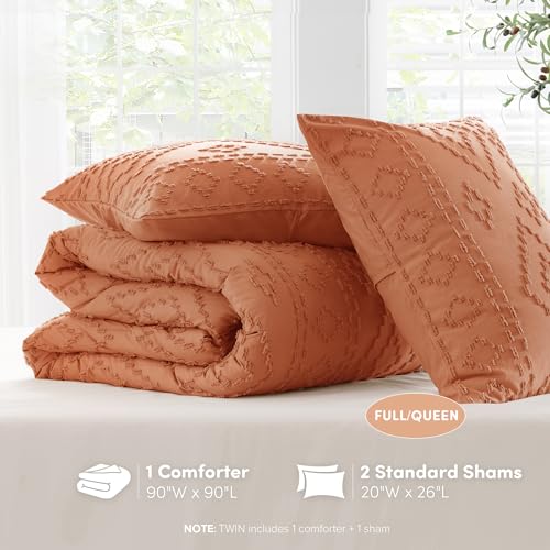 Comfort Spaces Comforter for Queen Size Bed, Geometric Diamond Tufted Boho Comforter Set Queen, All Season Lightweight Bedding Set, Matching Sham, Full/Queen Terracotta 3 Piece Comfort Spaces