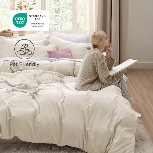 Bedsure Oat Milk Duvet Cover Queen Size - 3 Pieces Prewashed Cotton-Like Polyester Extra Soft Bedding Set, Includes 1 Duvet Cover 90x90 Inches with Zipper Closure & 2 Pillow Shams, No Comforter Bedsure