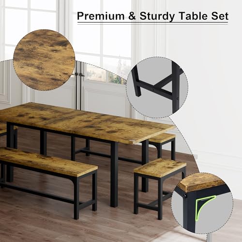 Feonase 5-Piece Dining Table for 4-8 People, 63" Extendable Kitchen Table Set with 2 Benches & 2 Square Stools, Dining Room Table with MDF Wood Board, Easy Clean, Rustic Brown Feonase