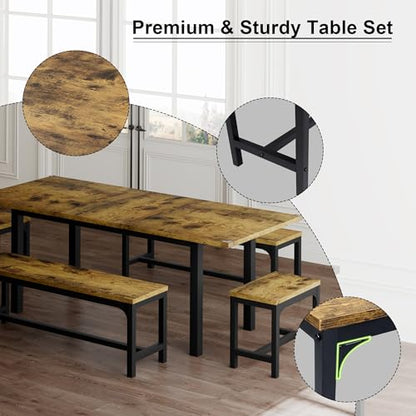 Feonase 5-Piece Dining Table for 4-8 People, 63" Extendable Kitchen Table Set with 2 Benches & 2 Square Stools, Dining Room Table with MDF Wood Board, Easy Clean, Rustic Brown - WoodArtSupply