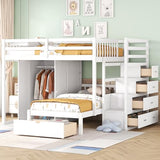 Ball & Cast Full Over Twin Bunk Bed with Safty Guardrail & Storage Stair,Wood Loft Bedframe W/Wardrobe & Drawers,Space-Saving Design,Easy Assembly,Versatile Furniture for Boy Girl Teen Bedroom,White Ball & Cast