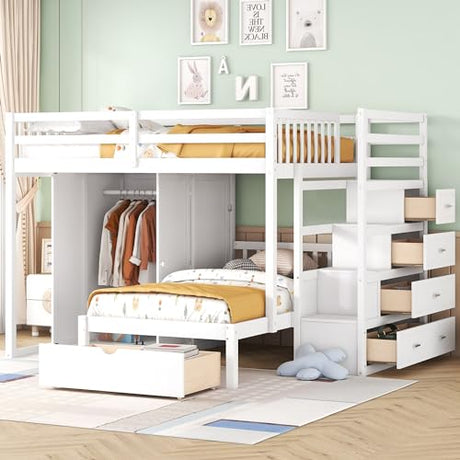 Ball & Cast Full Over Twin Bunk Bed with Safty Guardrail & Storage Stair,Wood Loft Bedframe W/Wardrobe & Drawers,Space-Saving Design,Easy Assembly,Versatile Furniture for Boy Girl Teen Bedroom,White Ball & Cast
