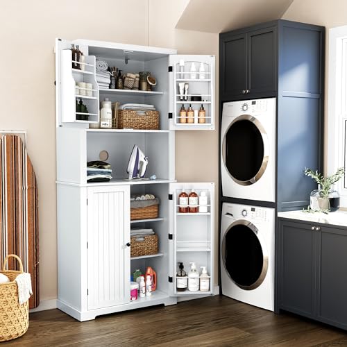 HLR 72" Kitchen Pantry Storage Cabinet, Freestanding Larder Cupboard, Kitchen Hutch Cabinet with Microwave Stand,Utility Pantry with Doors and Shelves for Dining Room, Living Room HLR