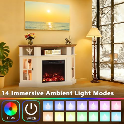 Furmax Fireplace Corner TV Stand for Up to 55 Inch, Modern Console with 18 Inch Electric Fireplace, Entertainment Center with Open Shelf and Storage Cabinets for Living Room (LED Antique White) Furmax