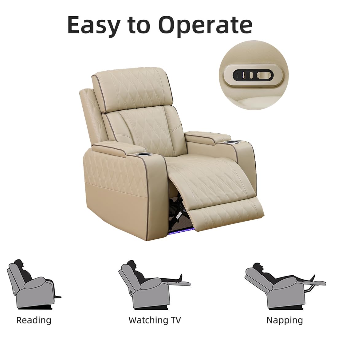 Toseslo Power Recliner Sofa Set with Drop-Down Table, 3-Piece Leather Reclining Sofa Sectional Couches, Living Room Furniture Sets, Reclining Sofa with Cup Holders/Storage Console for House(Beige) Toseslo