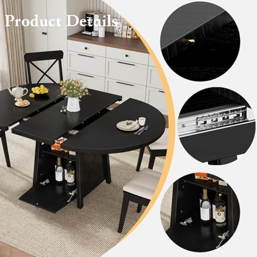 COSYSHINY 43.3"-59" Extendable Round Dining Table with Detachable Extension Plate for 4-8 People; Oval Kitchen Dining Table Equipped with Shelf and Storage Box for Kitchen Living Room (Black) COSYSHINY