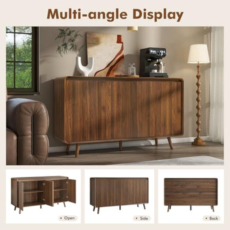 Nasonet Mid Century Modern Buffet Cabinet with Storage, 55 Inch Sideboard Credenza with Doors & Shelves Console Coffee Bar Table for Living Room, Kitchen, Dining Room and Hallway, Walnut Nasonet