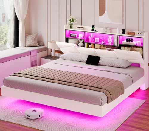 BTHFST King Size Floating Bed Frame with Storage Headboard, Power Outlet, and LED Lighting in Velvet Creamy White - WoodArtSupply