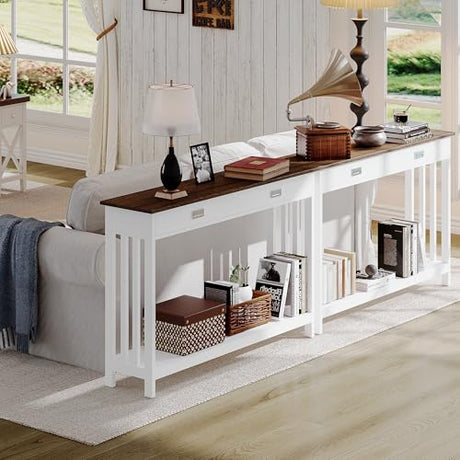 ChooChoo Farmhouse Long Entryway Table with Drawer, Mission Narrow Console Sofa Table with Storage, for Entryway,Living Room and Hallway, 47 Soft White and Brown ChooChoo