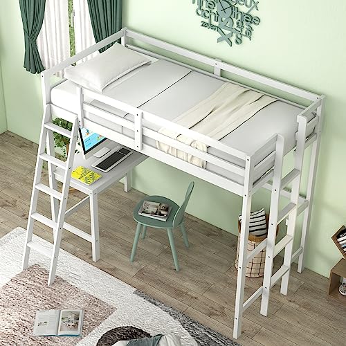 Giantex Twin Size Loft Bed with Desk, Solid Wood Loft Bed with 2 Ladders & Full Length Guardrail, Modern Space-saving Twin Bed Frame for Kids Teens Adults, No Box Spring Needed (White) Giantex