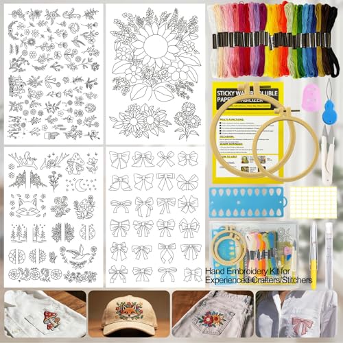 CLRDIVA Hand Embroidery Kit for Clothes: 120 Trendy Designs Flower Embroidery Patterns Stick and Stitch Transfers - Stamped Water Soluble Stabilizers for Adult Experienced Crafters DIY T-Shirts Jeans