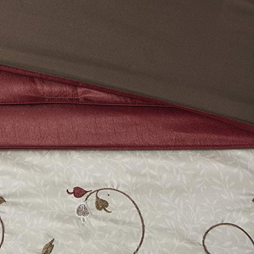 Madison Park Serene Faux Silk Comforter Set - Floral Embroidery Design, All Season Bedding Set, Matching Bed Skirt, Decorative Pillows, Red Cal King(104"x92") 7 Piece Madison Park