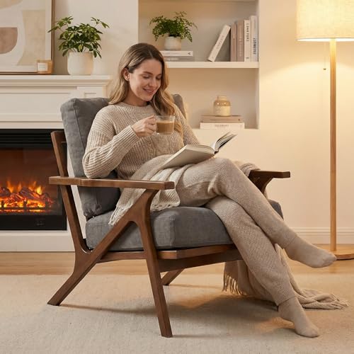 Wahson Mid Century Chair, Upholstered Accent Armchair, with Wood Frame and Canvas Cushions, Leisure Slipper Chair for Living Room/Bedroom, Grey Wahson