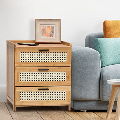 MoNiBloom Boho Nightstand with 3 Drawers Rattan Pattern Modern End Table, 20" Bamboo Sofa Side Table Bedside Table for Small Space, Accent Side Table Chest of Drawers for Bedroom Living Room, Natural