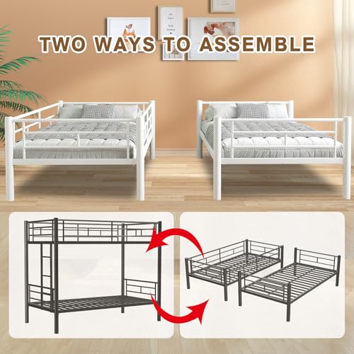 HomJoones Metal Bunk Bed Twin Over Twin Sturdy Heavy Duty Bunk Beds with 2 Side Ladders,Space Saving,No Box Spring Needed,for Boys Girls Teens Adults, Bedroom, Dormitory (White) HomJoones