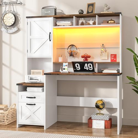 Vabches 51" Executive Desk Farmhouse Home Office Desk with Charging Station, LED Light, File Drawer, Storage Cabinet, Monitor Stand, Wood Computer Desk with Hutch for Work Study Writing (White) Vabches