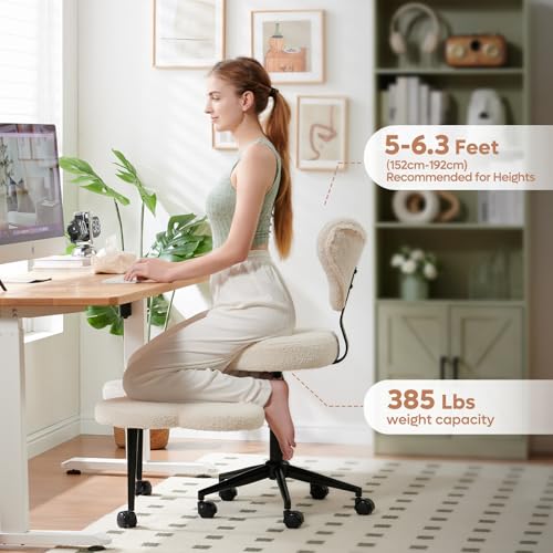 Pinmoco Ergonomic Cross Legged Chair, 360° Swivel Meditation Chair with Wheels, Height Adjustable Seat for ADHD, Strong Lumbar Support, Chic Home Office Furniture, Teddy Fabric, Off White Pinmoco