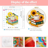 Zhenqing Sunflower Bird & Books Cross Stitch Kit with 11CT Printed Fabric 24x24cm - Includes Hoop, Pre-Sorted Threads, Needles, Instructions
