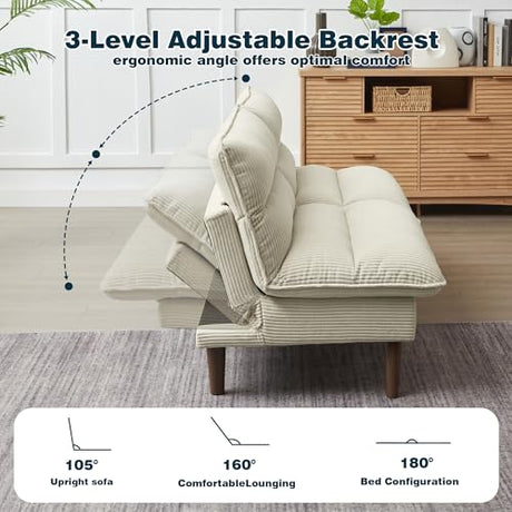 Enobala Convertible Futon Sofa Bed, 72" Loveseat Couch, Modern Folding Futon Couch with 3-Level Adjustable Backrest, Sleeper Recliner Couches for Living Room/Guest Room/Apartment/Small Spaces, Beige Enobala