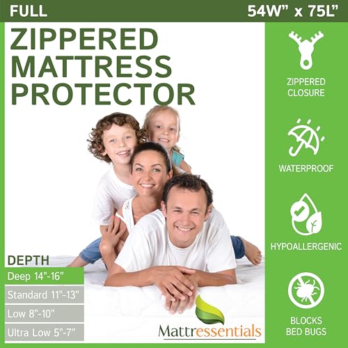 Zippered Full (14"-16" Depth) Mattress Protector - Bed Bug Waterproof Mattress Cover, Premium Quality Hypoallergenic Encasement White Mattressentials