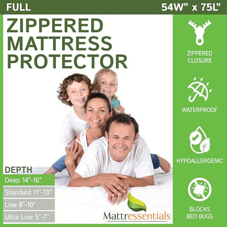 Zippered Full (14"-16" Depth) Mattress Protector - Bed Bug Waterproof Mattress Cover, Premium Quality Hypoallergenic Encasement White Mattressentials