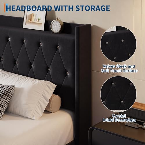 IDEALHOUSE Queen Size Bed Frame with LED Lights, Floating Platform Bed with Velvet Upholstered Storage Headboard, No Box Spring Needed, Noise Free, Easy Assembly IDEALHOUSE