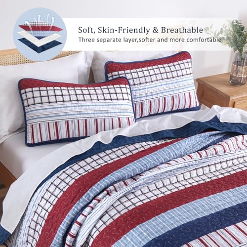 DJY Striped Quilt Set Queen Size, Red Blue Boho Striped Bedspread Coverlet Set 3 Pieces Lightweight Soft Microfiber Patchwork Quilt Bedding Set for All Season (96"x90") DJY