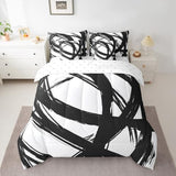 7Pcs Black and White Abstarct Bed in A Bag Full for Adult Women Men, Geometric Striped Comforter Set for Minimalists,Graffiti Aesthetic Lines Bedding Set,Contemporary Boho Modern Bed Sheets Erosebridal