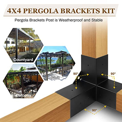 4x4(Actual: 3.5x3.5 Inch) 3-Way Pergolas Corner Extension Brackets, Aluminum Pergola Bracket with Black Powder Coated(4 Packs) - WoodArtSupply