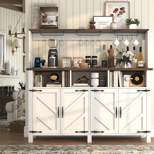 Buffet Sideboard with Storage Hutch with Power Outlets 4 Doors, Large Farmhouse Kitchen Storage Cabinet Wood Coffee Bar Cabinet with Goblet Holder and Cup Hooks for Kitchen, Dining Room, Entryway knoworld